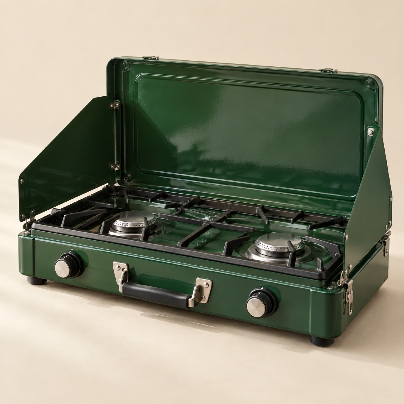 Hearth two-burner camp stove in forest green enamel