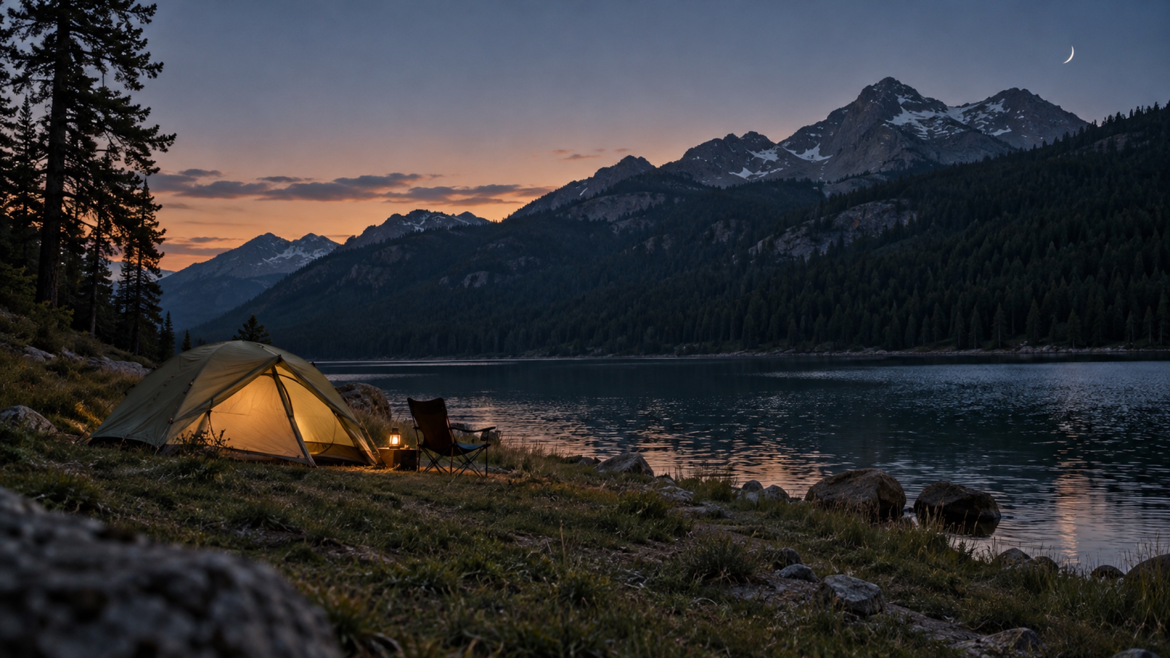 A tent glowing at dusk beside a lake below forested mountains